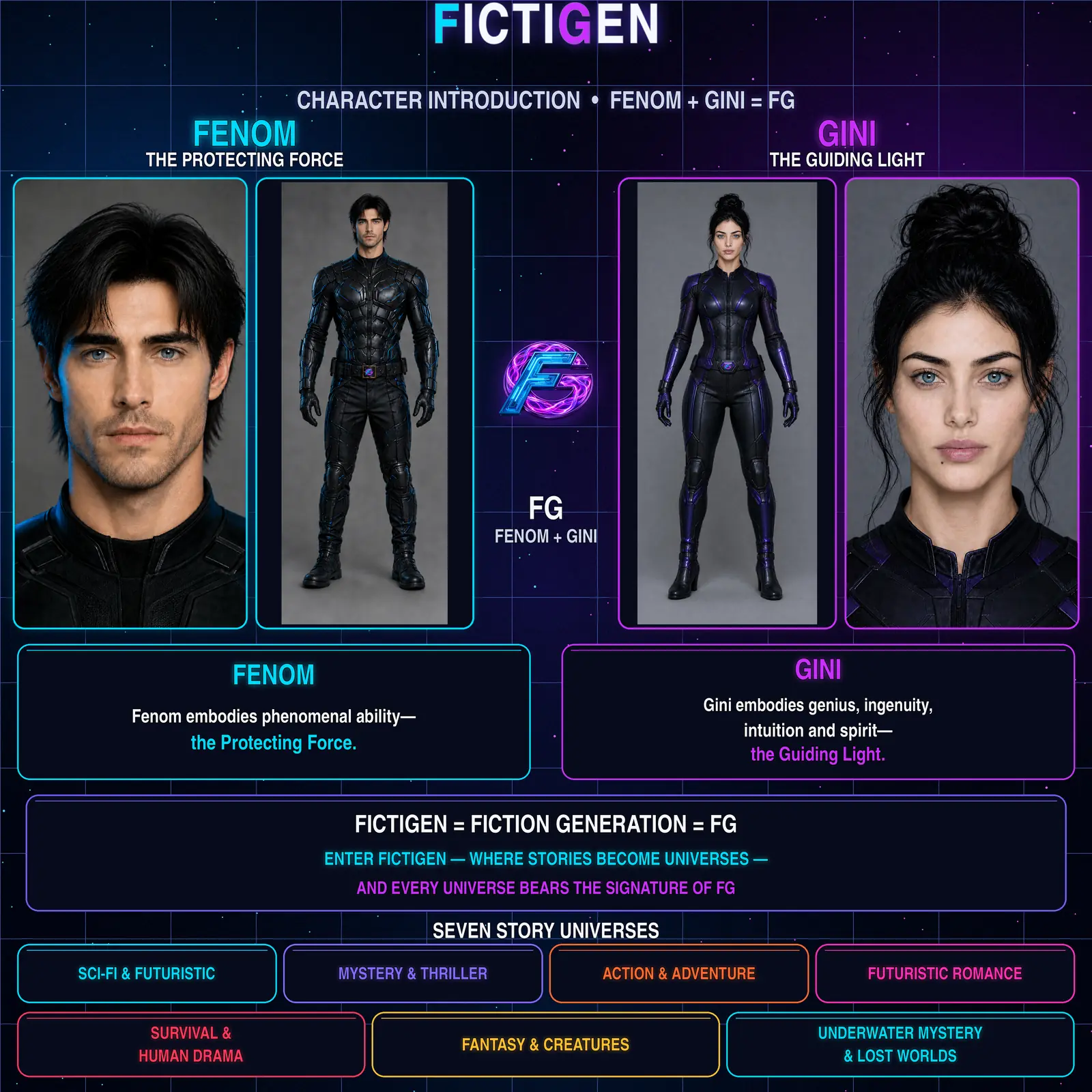 Official FictiGen character introduction showing Fenom, Gini, the FG identity and seven story worlds.