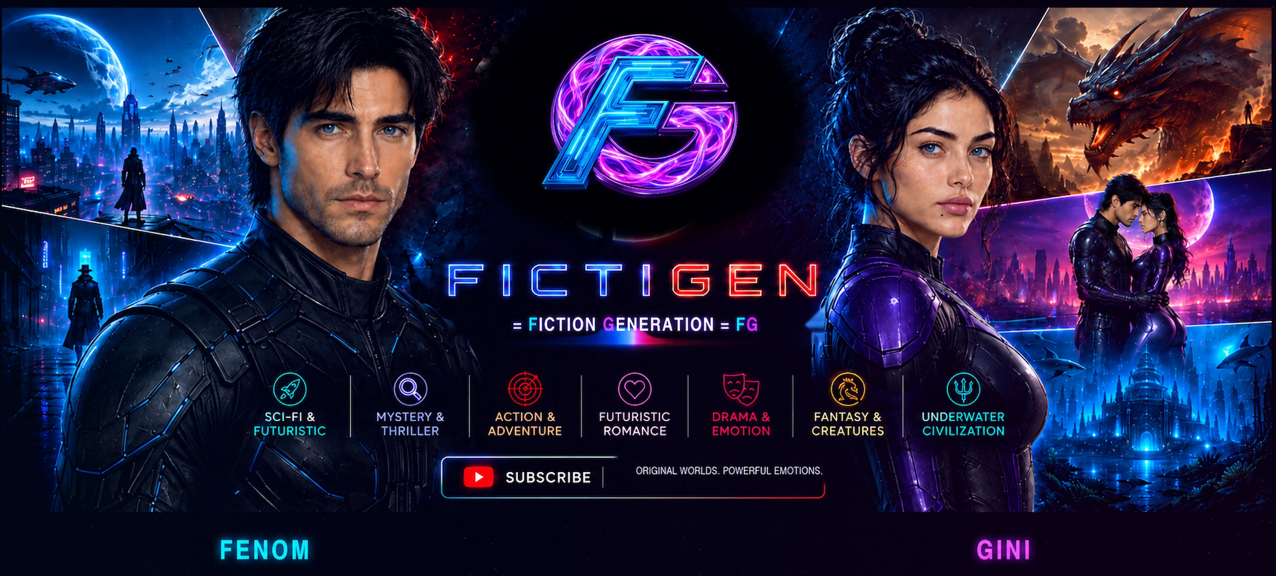 FictiGen Originals banner featuring Fenom, Gini, the FG emblem and seven cinematic story worlds.