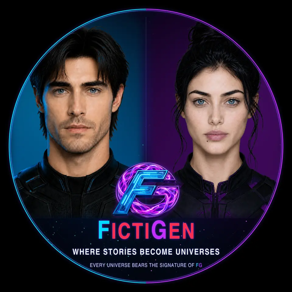 FictiGen Originals logo featuring Fenom, Gini and the FG monogram.