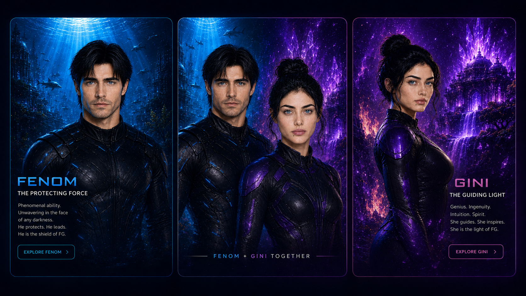 Fenom and Gini together in the combined FictiGen showcase image.