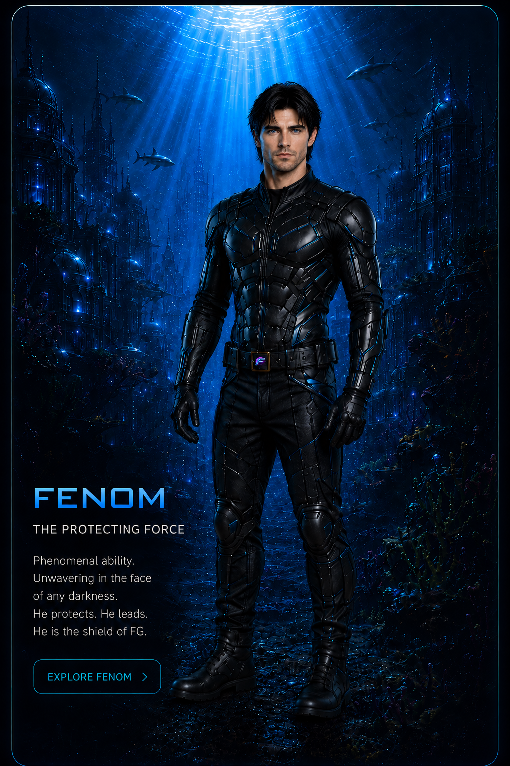 Fenom in an underwater future-world scene with his title and description.