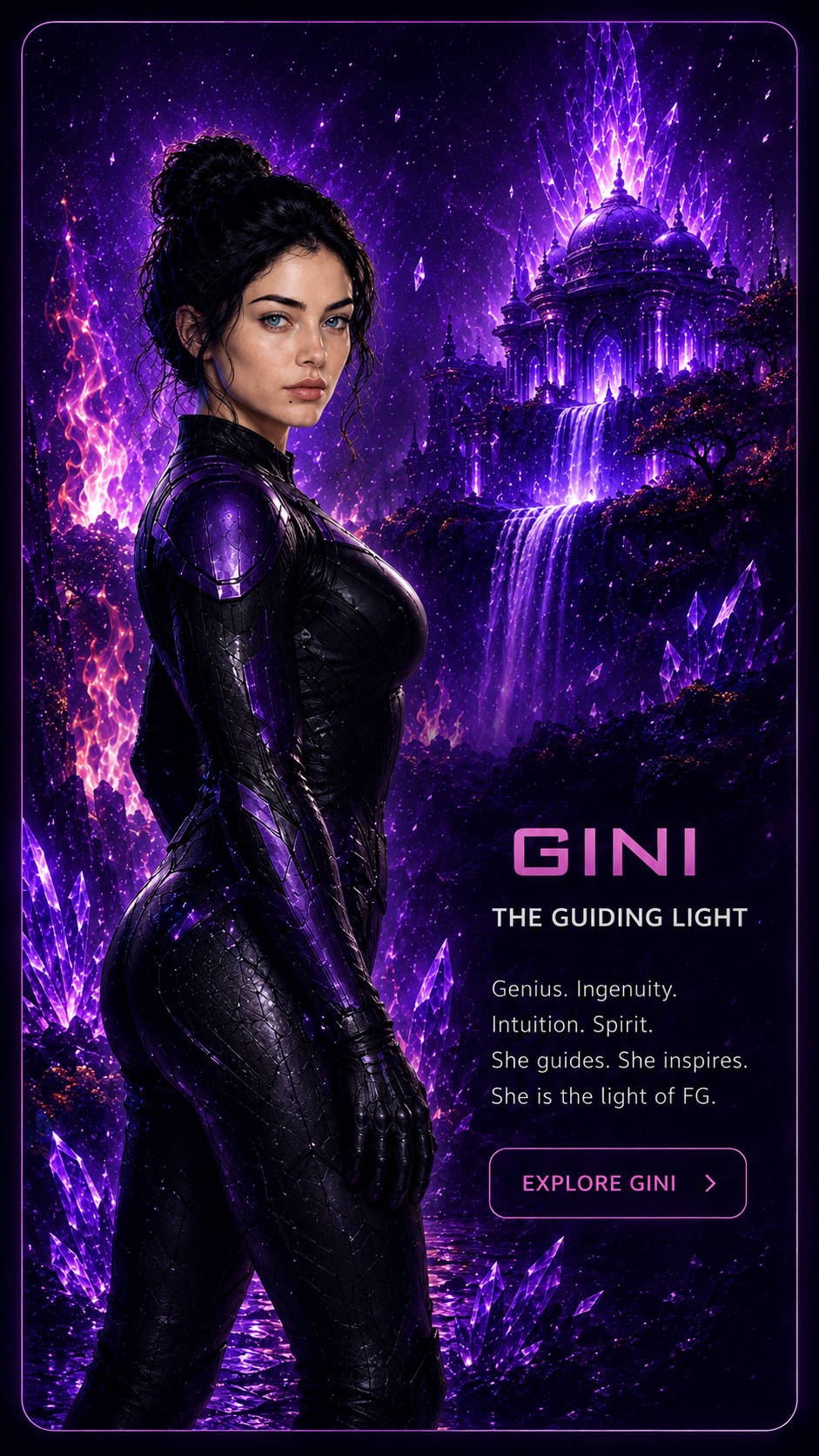 Gini in a crystal-realm scene with her title and description.